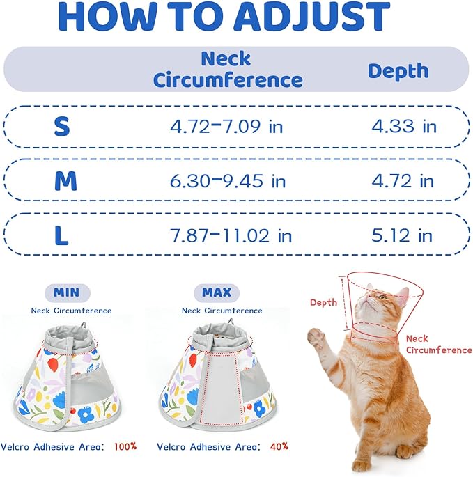 Breathable Air Mesh Cat Cone Collar Soft to Stop Licking, Adjustable, Foldable Lightweight Kitten Cones After Surgery Recovery for Cats & Kittens (Flower,L)