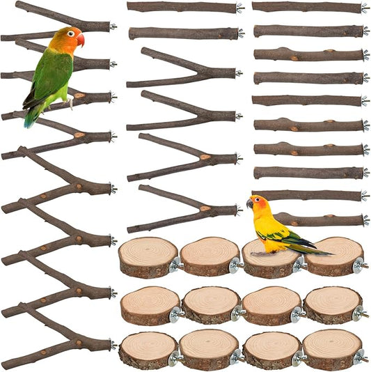 18 PCS Bird Perches Stand Toy, Natural Wood Parrot Perch Stand Bird Cage Branches Platform Accessories for Parakeets Cockatiels Conures Macaws Finches Love Birds