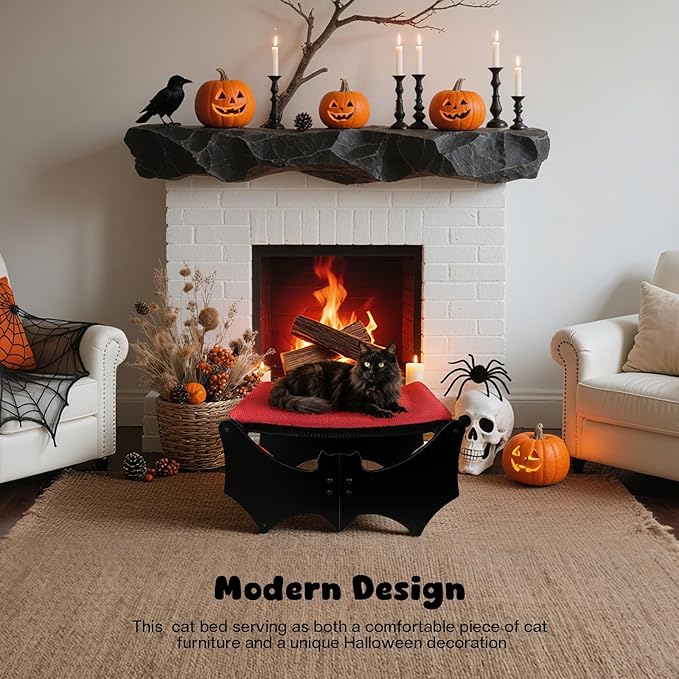 Halloween Gothic Cat Bed with Bat Design, Wooden Elevated Cat Beds with Sisal Scratching Mat, Cats Scratcher Bed with Removable Fluffy Cushion, Raised Pet Bed for Large Cats, 22" L x 17.7" W, Black