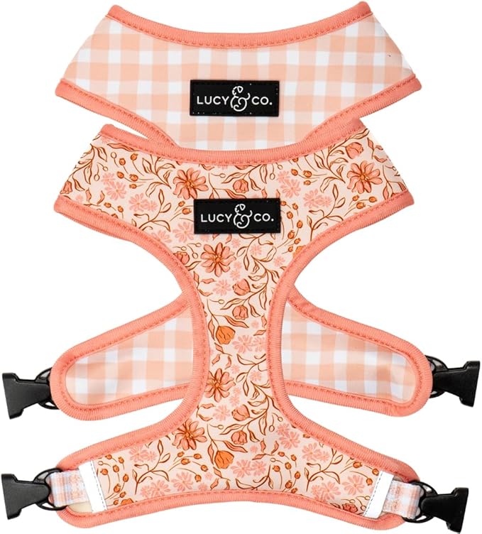 Lucy & Co. Cute Reversible Dog Harness Walking Halter - Best Designer Pet Harnesses for XS - XL Dogs - Padded Adjustable Vest for Easy Walking-XLarge-Peach Pink Floral Plaid