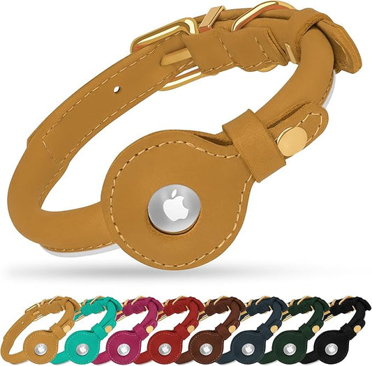 OOPSDOGGY Rolled Leather Dog Collar with Airtag Holder - Reflective Round Airtag Dog Collar - Soft Tracking Pet Collar for Small Dogs Puppy Cats Kitten (Camel, XL, 17"-21")