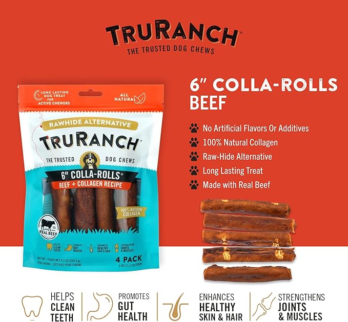 Collagen Rolls - 6" Collagen Rolls for Dogs - Long Lasting Healthy Joint Support Dog Treat - Rawhide Alternative - Skin & Coat Health - Made with Real Beef, 1 Bag, 4 Count