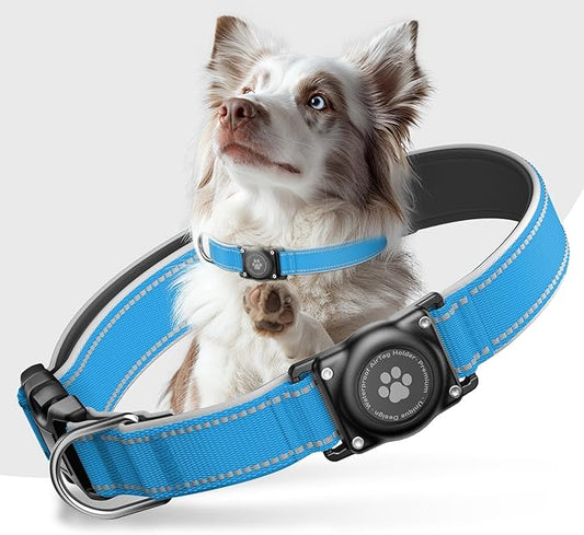 Airtag Dog Collar - 100% Waterproof Air tag Dog Collar Holder for Apple AirTag, Reflective, Soft Padded, Everlasting, GPS Dog Collar for Small Medium Large Dogs (Blue, XL)