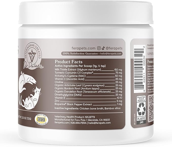Fera Pets Liver Supplement for Dogs & Cats with Milk Thistle, Choline & Turmeric - Organic Botanicals - Enhances Liver Function, Immunity, Detoxification, & Metabolic Function - Powder - 60 Scoops