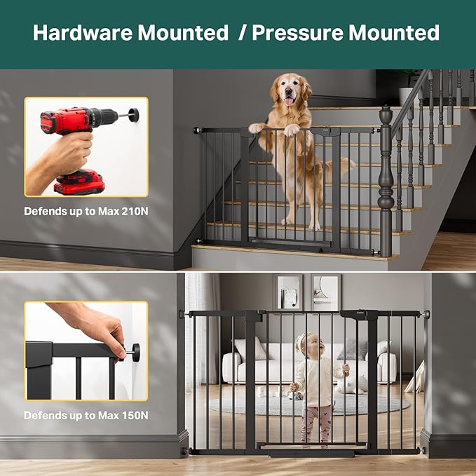 Cumbor 29.7"–51.5" Extra Wide Baby Gate for Stairs, Pressure-Mounted Dog Gates for Doorways & Hallways, Auto-Close Walk-Through, No-Trip Design, Child Proof Safety, Dog/Pet Gate for Indoor Use, Black