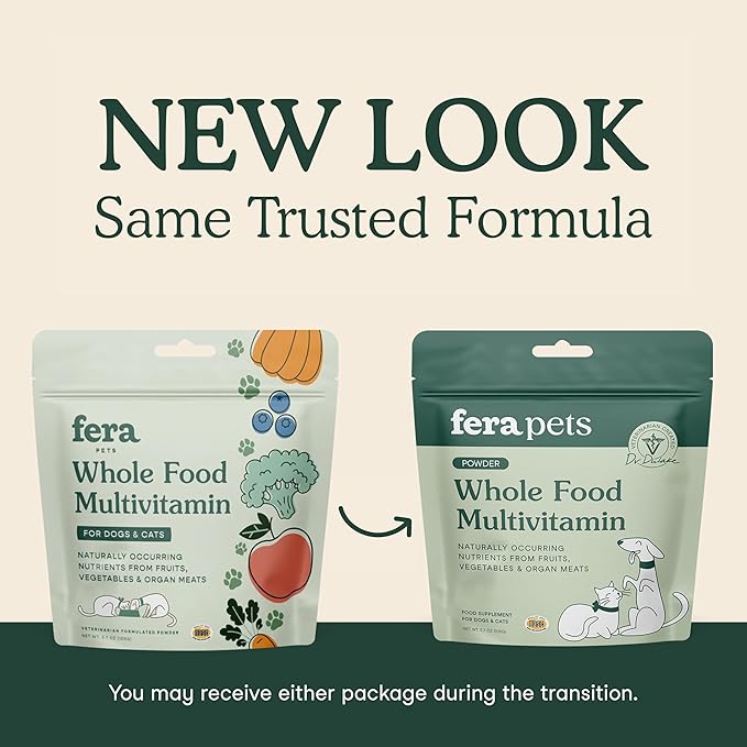 Fera Pets Whole Food Multivitamin Cat & Dog Food Topper with Probiotics, Antioxidants, & Essential Dog Vitamins & Minerals - Nutrients from Fruits, Vegetables, & Organ Meats - 3.7 oz