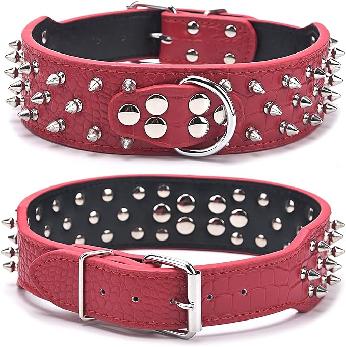 Serijoars Spiked Studded Dog Collar, PU Leather Dog Collar, Adjustable Pet Collars for Medium or Large Breed Pet (XL, Red1)