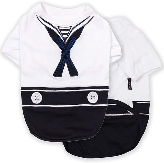 Parisian Pet Blue & White Sailor Dog Shirt - Embroidered Cotton & Polyester Costume - Large Sleeved Dog Clothes