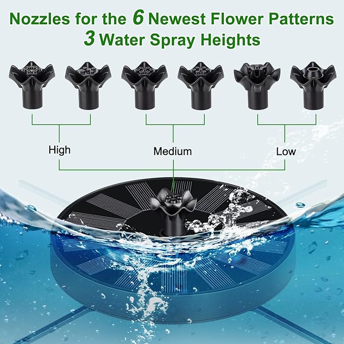 Solar Fountain Pump with Spray Height Adjustment, Upgrade Glass Solar Bird Bath Fountains with 6 Nozzles, Outdoor Solar Water Fountain Pump for Bird Bath, Garden, Pool, Pond