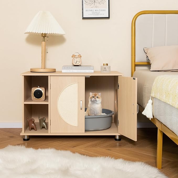 Tangkula Litter Box Enclosure, Hidden Cat Washroom with Storage Shelf, Sisal Scratching Doors, Adjustable Metal Feet, Modern Cat Litter Cabinet Storage Bench, Enclosed Litter Box Furniture (Natural)