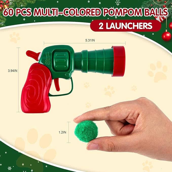 Cat Toy Balls with Launchers Set (2+60), 60 Pom Pom Balls & 2 Ball Launchers, Cat Enrichment Toys, Interactive Cat Toy, Soft & Safe Cat Toys, for Cat