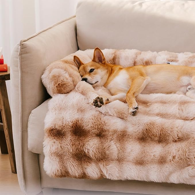 FUNNY FUZZY Pet Fluffy Fuzzy Couch Cover, Calming Washable Dog Bed Sofa Protector Pets Mat for Small Medium Dogs and Cats (Tie-dye Brown,33.45 × 28.35 × 5.51 in)