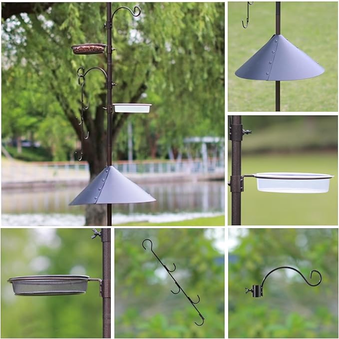 Deluxe Bird Feeding Station Kit Bird Feeder Pole with Squirrel Baffle, Suet Cage, Bath Tray for Planter Hanger - Wildlife-Friendly Design