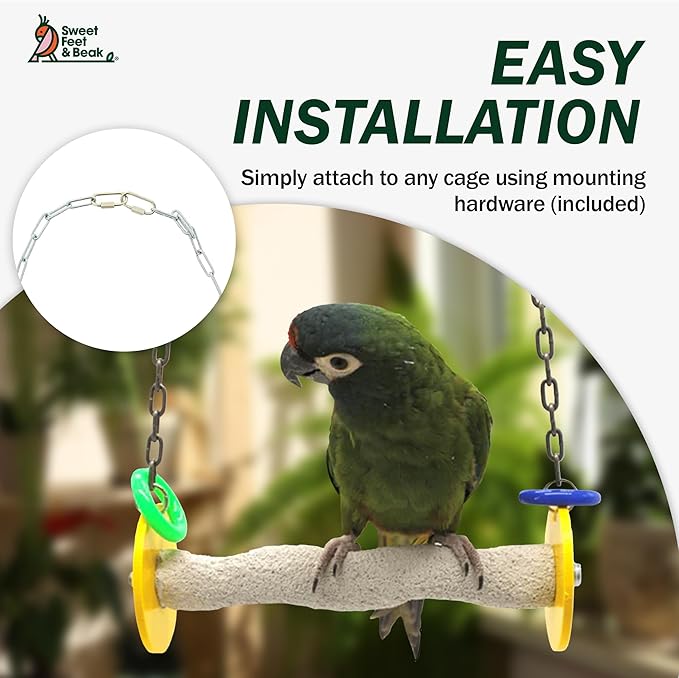 Sweet Feet and Beak Roll Bird Swing - Pumice Perch Bird Toys Trims Nails and Beaks, Safe and Non-Toxic Bird Cage Accessories for Small and Large Birds, Swinging Toys Birds Will Love, Large 10.5 Inches