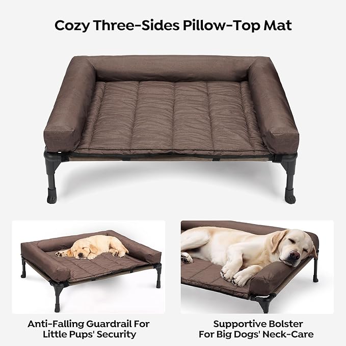 Veehoo Cooling Elevated Dog Bed Add Removable Waterproof Bolster Cushion Mat, Raised Pet Cot with Breathable Teslin Mesh, No-Slip Feet, Dog Sofa Bed for Indoor Outdoor, XXLarge, Brown CWC2331B
