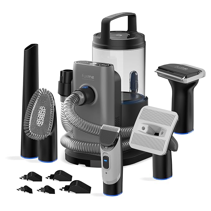 Professional Pet Grooming Vacuum Kit - Cat & Dog Grooming Kit for Easy Pet Care at Home, Quiet & Safe Dog Hair Remover Machine with Brush, Clipper, Shedding & Cleaner Tools & 2L Canister
