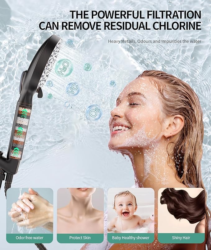 Filtered Shower Head with Handheld, High Pressure 9 Spray Mode ORB Showerhead with 4 Filters, Detachable Shower Head, Water Softener Filters Beads for Hard Water - Remove Chlorine