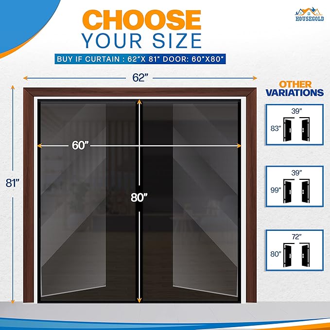 Magnetic Closure Screen Door for 62"x81" French Door Sliding Door Pet and Dog Friendly, Durable Fiberglass Mesh Double Door Screen Mesh Retractable Curtain, Keep Bugs. Mosquito Out, Fly Screen