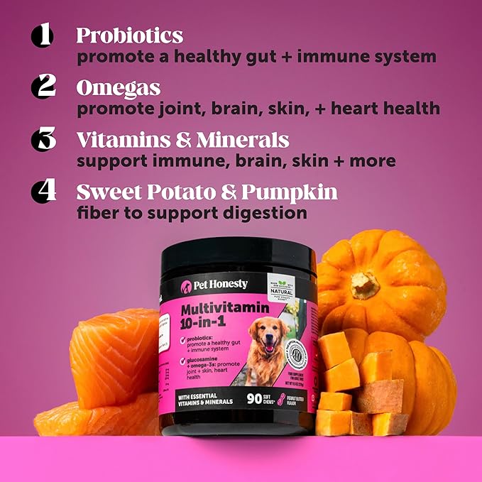 Multivitamin Dog Supplement, Glucosamine chondroitin for Dogs, Probiotics, Omega Fish Oil, Dog Supplements & Vitamins, Vitamins for Skin and Coat Allergies, (Peanut Butter 90 ct)