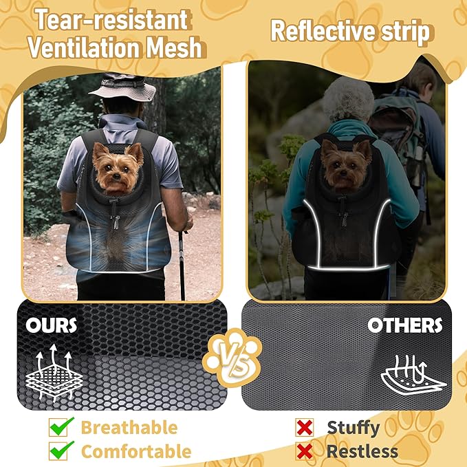 WOYYHO Pet Dog Carrier Backpack Small Dog Front Backpack Ventilated Mesh Dog Travel Back Pack with Safety Belt for Travel Hiking Cycling Outdoor Adventures (Size L: 10-14 lbs, Black)