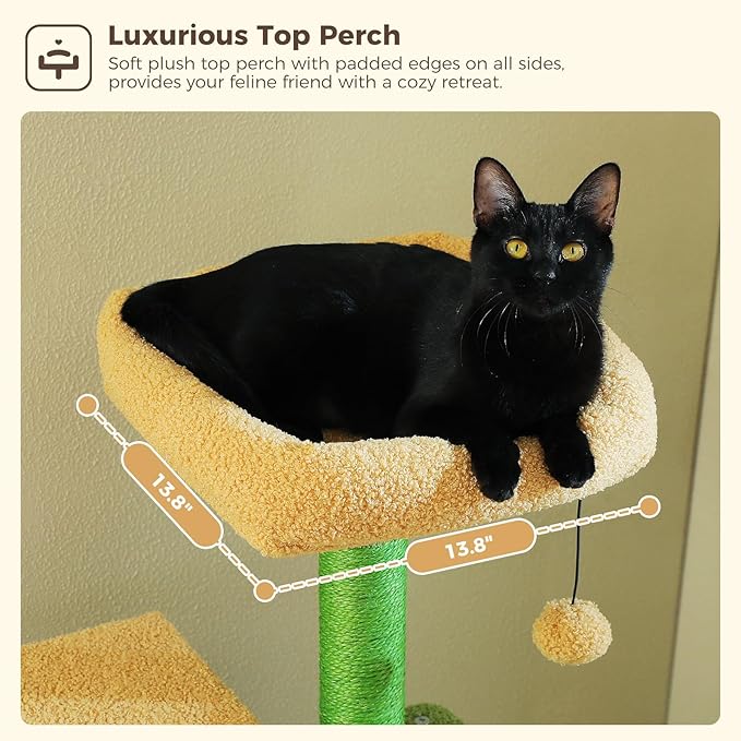 Cactus Cat Tree, 62-Inch Large Cat Tower for Multi-Cat Households w/Scratching Posts, Multi-Level Condo w/Cozy Top Perch & Scratching Pad, Padded Platform, 2 Pompoms, Green