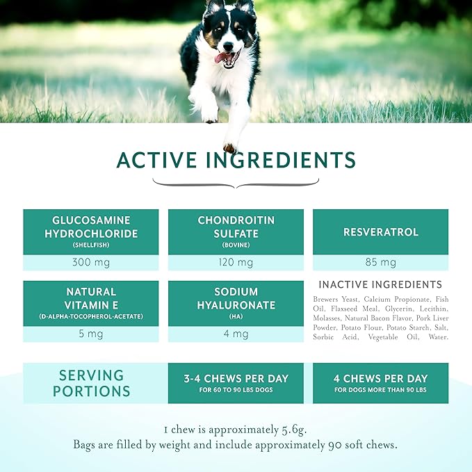 Dog Hip and Joint Support Supplement Soft Chews with Resveratrol, Glucosamine, Chondroitin, Hyaluronic Acid, Bacon Flavor, Large Breed