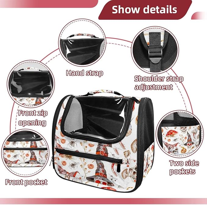 Witch Hat Broom Skull Lollipops Eyes Bones 2 Cat Carrier Backpack,900D Wear-Resistant Oxford Fabric, Dog Carrier Cat Backpacks Suitable for Travel