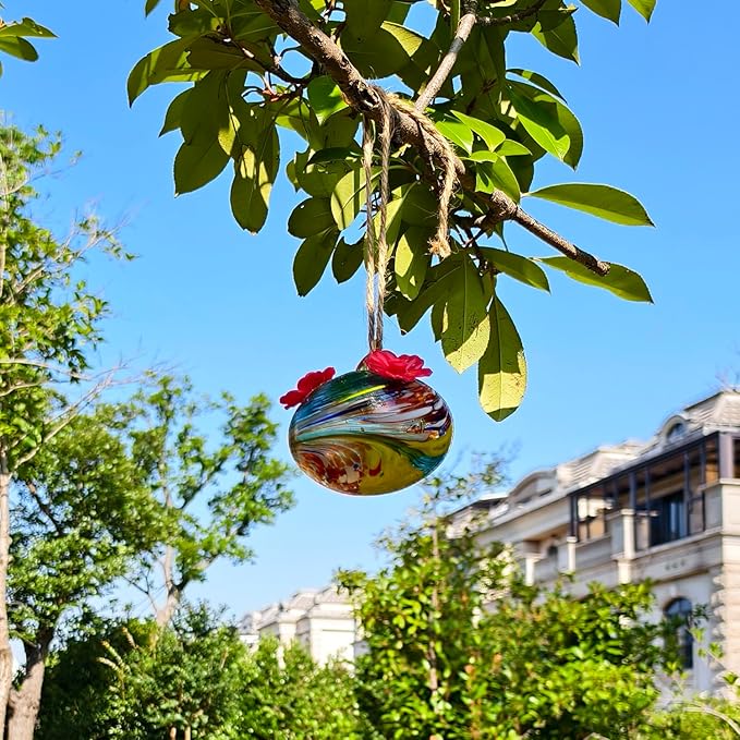 Small Glass Hummingbird Feeders for Outdoors Hanging - Hand Blown Glass Ball Nectar Feeding, Multi Color with 3 Flowers Feeding Ports, Decor for Garden/Backyard Outside