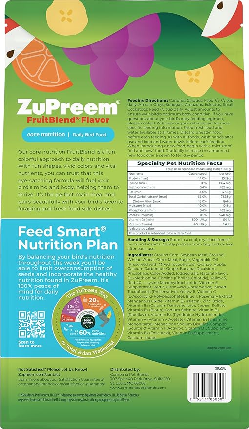 ZuPreem FruitBlend Flavor Pellets Bird Food for Parrots and Conures, 3.5 lb (Pack of 2) - Daily Blend Made in USA for Caiques, African Greys, Senegals, Amazons, Eclectus, Small Cockatoos