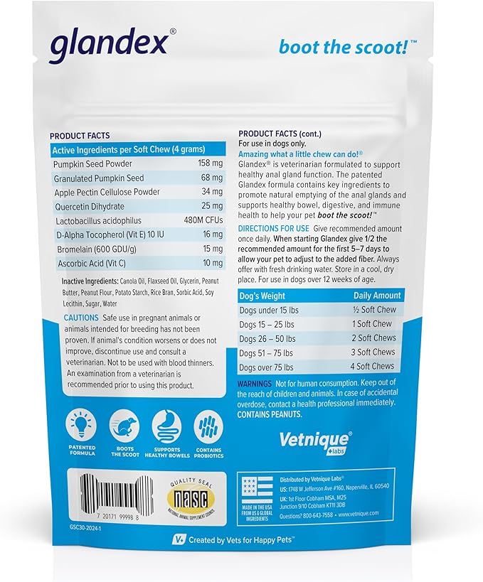 Vetnique Labs Glandex Anal Gland Soft Chew Treats with Pumpkin for Dogs Digestive Enzymes, Probiotics Fiber Supplement for Dogs Boot The Scoot (Peanut Butter Chews, 30 Count)