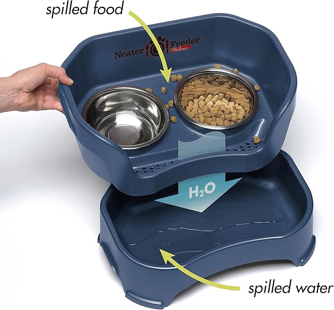 Neater Pet Brands Neater Feeder Deluxe Mess Proof Dog Bowls Elevated for Large Dogs Over 40 lbs, Made in USA, No Spill Raised Dog Food Bowl Stand Feeding Station, Food and Water Bowl Set, Dark Blue