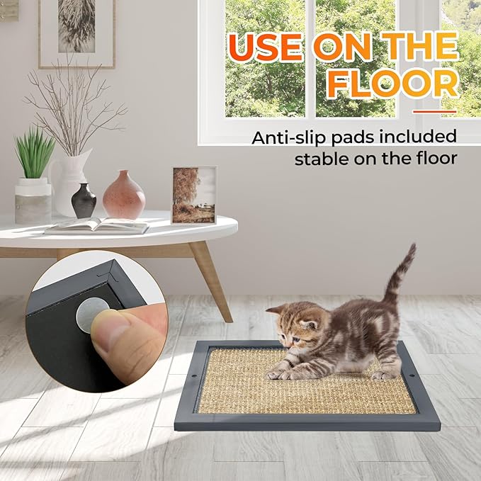 Cat Scratching Post, Natural Wooden Sisal Cat Wall Scratcher, Floor or Wall Mounted Vertical Cat Scratch Pad for Indoor Cats Adults or Kittens, Cat Wall Furniture Protector (Single Grey)