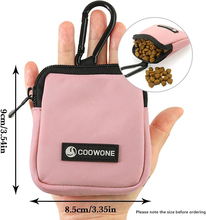 Dog Treat Pouch 2 PCS, Waterproof Small Dog Treat Bag for Leash, Hands Free Dog Walking Bag with Carabiner, Dog Poop Bag Holder for Pet Puppy Travel or Outdoor Use, Zipper Closure to Avoid Spilling