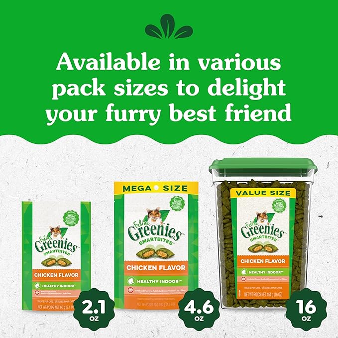 Greenies Feline Smartbites Healthy Indoor Cat Treats, Chicken Flavor, 16 oz. Tub