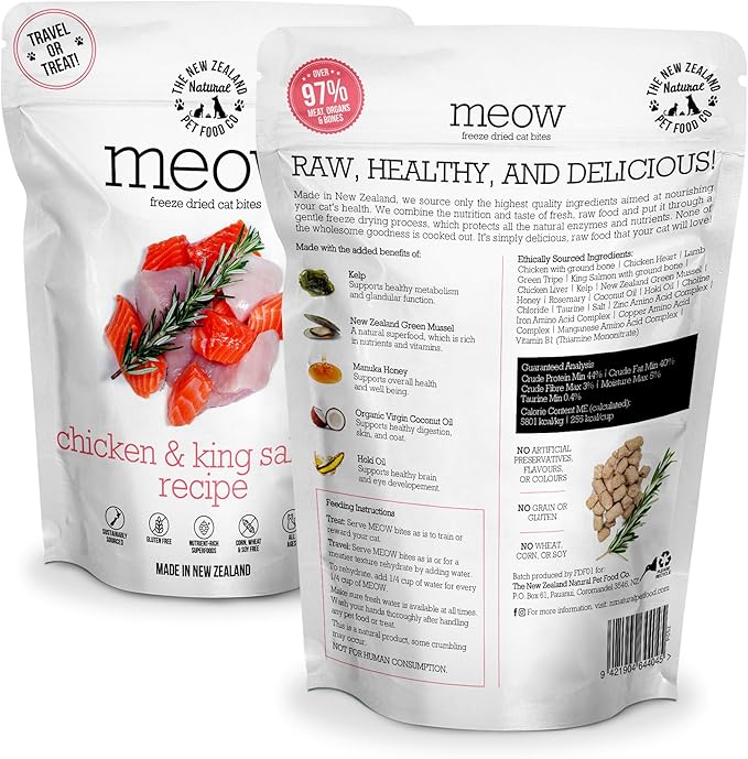 The New Zealand Natural Pet Food Co. Meow Freeze Dried Cat Food - Chicken & King Salmon Recipe, High Protein Cat Treats & Toppers, Dry Food,1.76oz