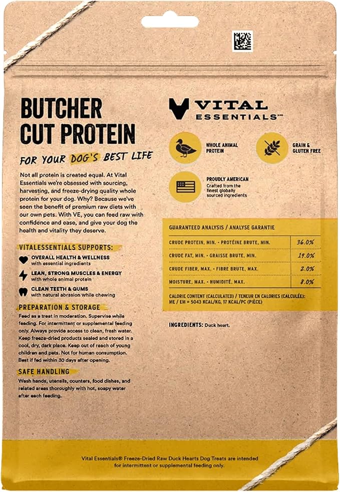 Vital Essentials Single Ingredient Duck Hearts Dog Treats, 10 oz | Freeze-Dried Raw | Premium Quality High Protein Training Treats | Grain Free, Gluten Free, Filler Free