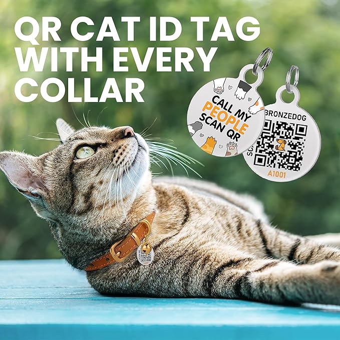 BRONZEDOG Leather Cat Collar with Removable Bells Non Breakaway Kitten QR Tag for Girl Boy (7" - 9" for Cats, Purple & Gold)