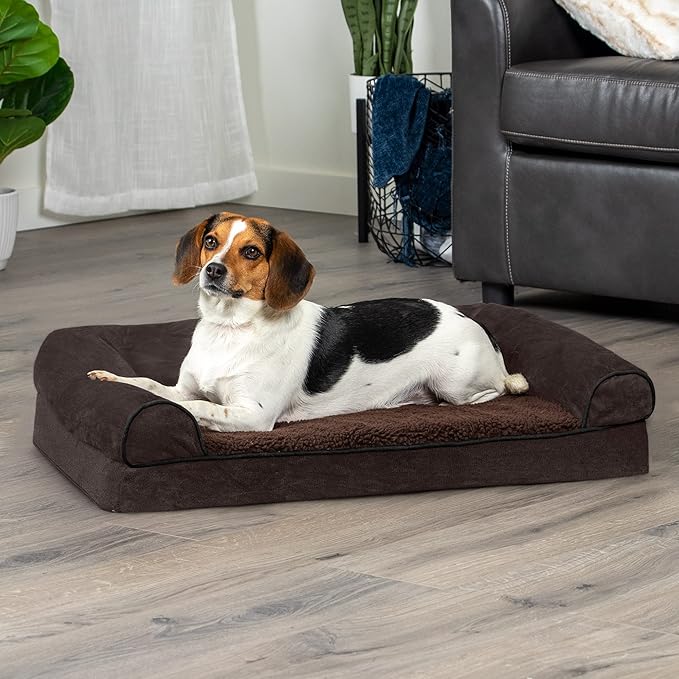 FurHaven Soft, Orthopedic Foam Sofa Dog Bed with Washable & Removable Cover - Sherpa/Chenille - Coffee, Dogs Up to 35 lbs - Medium