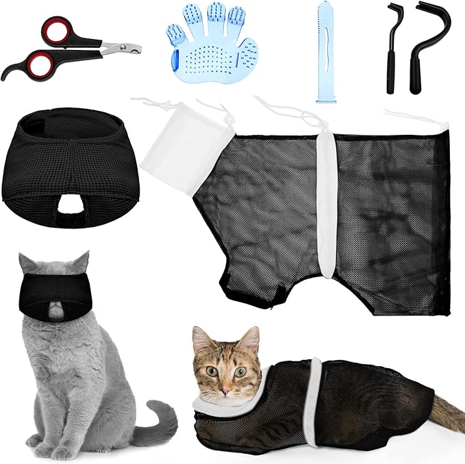 Patelai 5 Pcs Cat Bathing Bag Set Cat Grooming Bag Adjustable Pet Shower Net Muzzles Nail Clipper Tick Remover Tool Massage Brush(Black White)