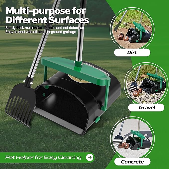 UPSKY Dog Pooper Scooper Swivel Bin & Rake Kit with 100 Waste Bags,33.4" Stainless Steel Long Handle Heavy Duty Pet Poop Shovel for Large Medium Small Dogs, Odor-Proof Lid for Yard/Lawn/Outdoor Use