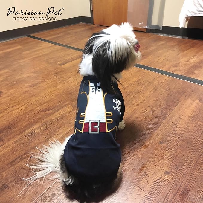 Parisian Pet Captain Sparrow Dog Shirt - Embroidered Pirate Costume - 100% Cotton & Polyester - Sleeved Halloween Outfit - Black Dog Shirt for Small Dogs