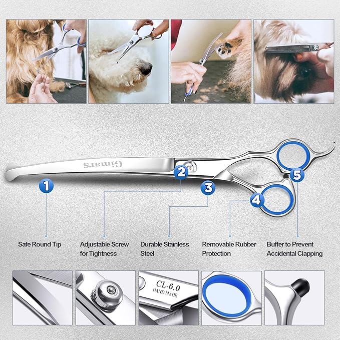Gimars Titanium Coated Professional 6 in 1 4CR Stainless Steel Dog Grooming Scissors with Safety Round Tip, Heavy Duty Pet Grooming Scissor for Dogs, Cats and Other Animals