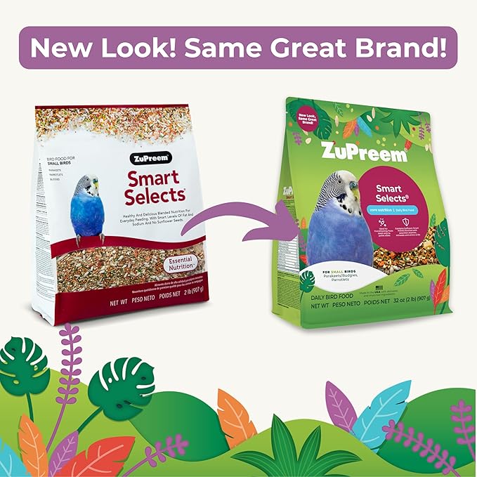 ZuPreem Smart Selects Daily Bird Food for Parakeet, Budgie, Parrotlet, Dove, Bird Pellets and Seed Blend, Core Nutrition for Small Birds, Made in USA, Parakeet Food, Budgie Food (S, 2 lb) (Pack of 2)