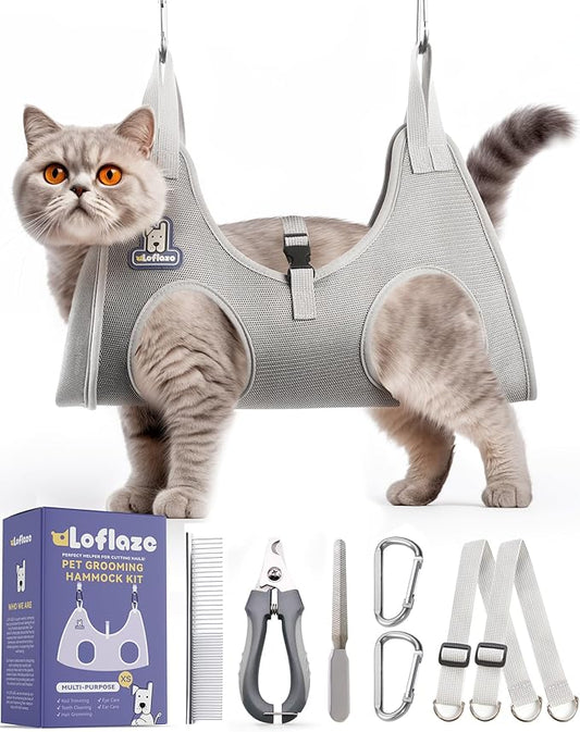 Dog Grooming Hammock Harness for Dogs & Cats with Pet Nail Clipper Trimmer - Cat Hanger Sling for Trimming Clipping Nails- Dog Hammock Restraint Bag for Small Medium Large pet （ Grey XS）
