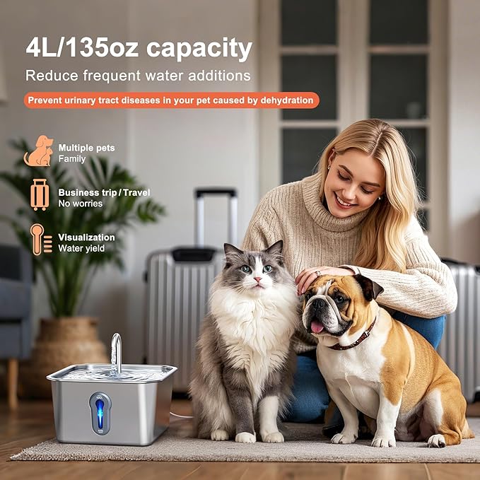 Stainless Steel Cat Water Fountain, 4L/135oz Automatic Circulation pet Water Dispenser, Quiet cat Bowl Water Dispenser, Suitable for Cats, Dogs and Multiple Pets. (Pet Fountain+2 Filters+2 Sponges)