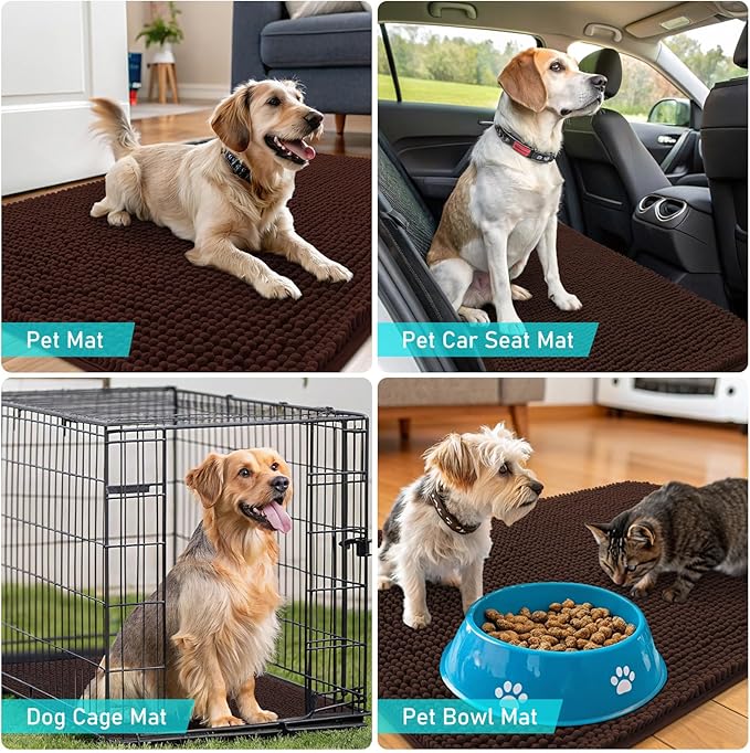 OLANLY Dog Door Mat Set 4-Piece 30x20, Absorbs Moisture and Dirt, Absorbent Non-Slip Washable Doormat, Quick Dry Chenille Mud Mat for Dogs, Entry Indoor Entryway Carpet for Inside Floor, Brown