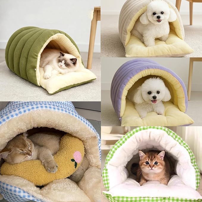 Expectation Cat Bed, Removable and Washable Winter Closed-Off Cat Bed, Soft Fluffy Warm Autumn/Winter Cats House, Washable Non-Slip Pet Sleeping Bag for Indoor Cats Small Dogs (D,Large)