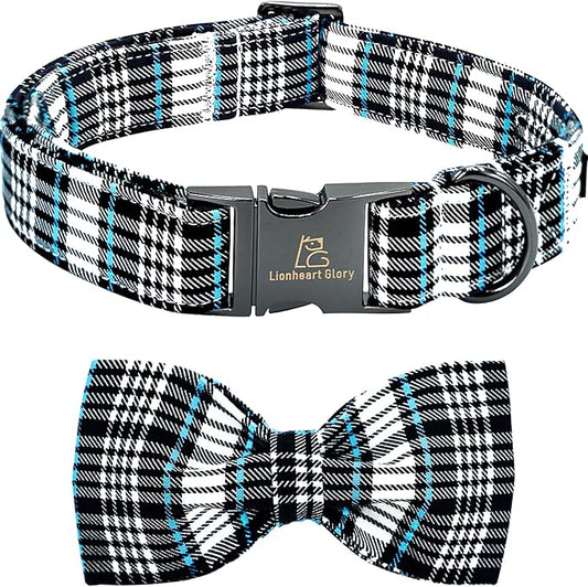 Lionheart glory Dog Bow Collar Blue and Black Plaid Dog Collar for Large Dogs,Boy Dog Collars with Bowtie Spring Summer Collars Soft Adjustable Pet Collar Bows