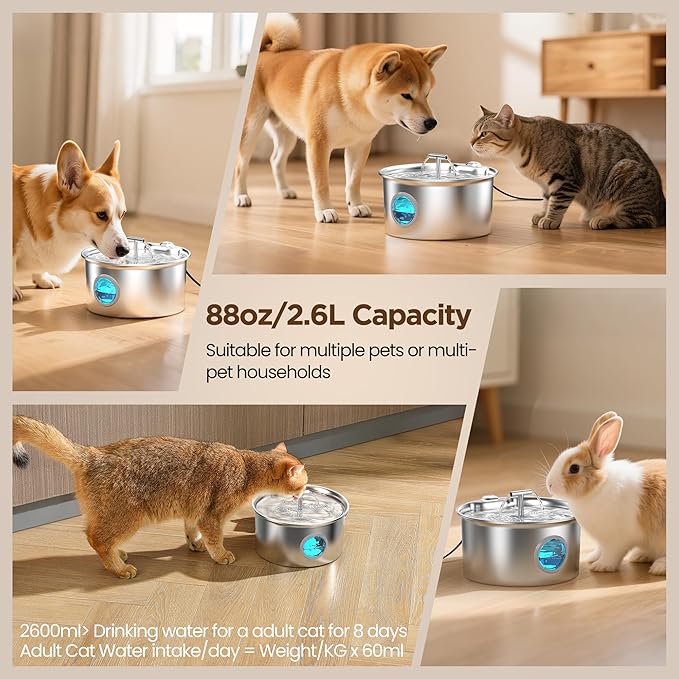 Cat Water Fountain Stainless Steel: Water Dispenser for Cats Indoor - Pet Dispenser Supplies Accessories - 16 Pack Cat Water Fountain Replacement Filters - 8 Multi-Functional Filters and 8 Sponges