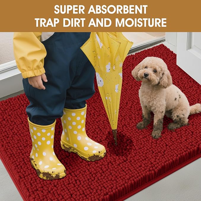 IM HOME Extra Large 60" x 36" Red Dog Door Mats for Muddy Paws, Chenille Absorbent Dog Mat, Non Slip Heavy Mud Mat for Dogs, Soft Pet Bed Mat for Entryway, Mud Paws, Inside Floor